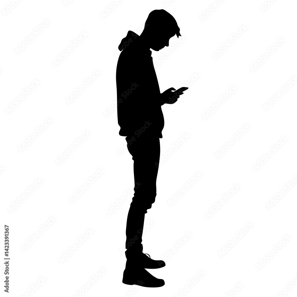 Silhouette Of Young Man Using Smartphone Standing Alone Lost In Digital World Silhouette Of Young Man Using Smartphone Standing Alone Lost In Digital World