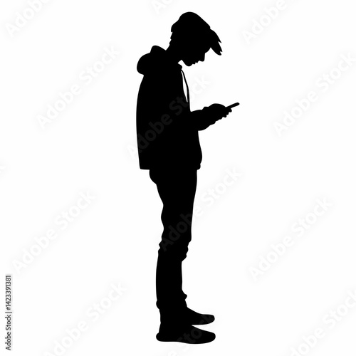 Silhouette Of A Teenager Texting On A Mobile Phone On White Background