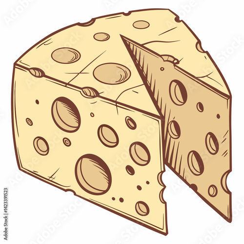 Hand-Drawn Swiss Cheese Illustration: Creamy Yellow Wedge with Holes - Food Graphic.