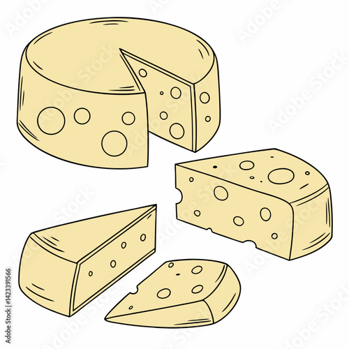 Hand-Drawn Creamy Yellow Cheese Illustration: Wheel, Wedges.