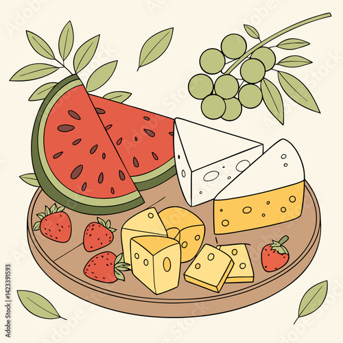Watermelon, Cheese & Strawberry Platter Illustration: Summer Snack,  Vibrant Colors.