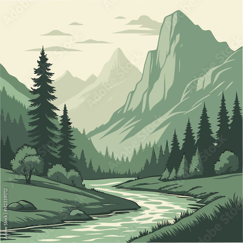 Majestic Mountain River Valley: Green Landscape Illustration - Serene Nature Scene.