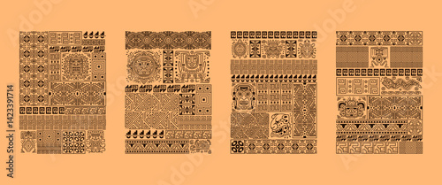 Mayan ornament posters. Maya inca peru ethnic pattern, african tribal tattoo symbol aztec ancient mexican culture peruvian tiki tribe texture print, swanky vector illustration