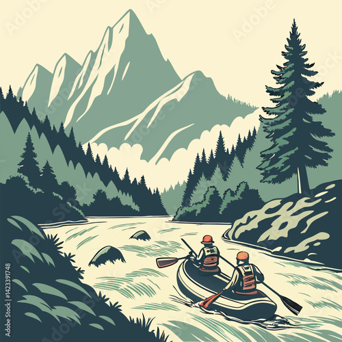 Vintage River Rafting Adventure: Mountain River Scene, Two Adventurers.