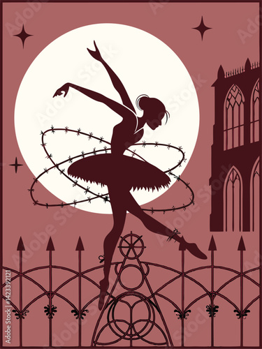A silhouetted ballerina performs a graceful leap atop a decorative wrought-iron fence, encircled by a barbed wire hoop