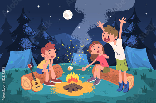 Children night camping. Kids sit around campfire with marshmallows and tell scary stories, child camp hiking adventure weekend summer forest nature trip, classy vector illustration