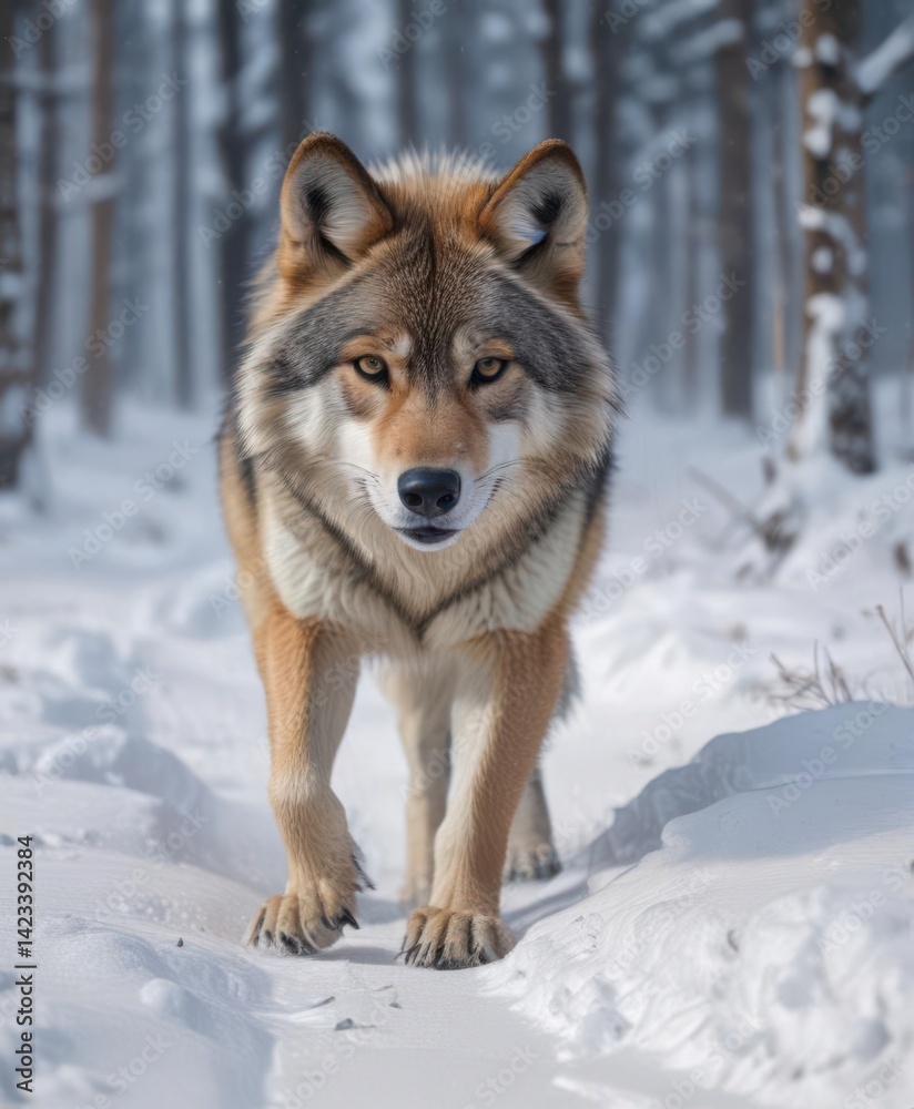 A lone Eurasian wolf paws through deep snow, winter's chill , winter coat, blizzard A lone Eurasian wolf paws through deep snow, winter's chill , winter coat, blizzard