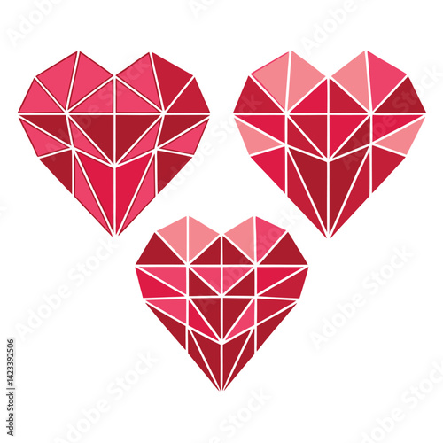 Three Geometric Red Hearts Low Poly Design Elements