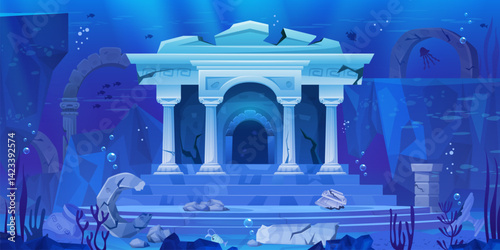 Underwater temple. Sunken ancient palace on ocean bottom, lost atlantis city under sea water deep world cartoon game ui background marine ruin landscape, swanky vector illustration