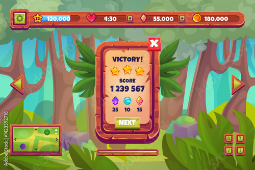 Forest game interface. Wood user interface elements on adventure casual mobile gaming level background, magic jungle fairy forest ui buttons, cartoon swanky vector illustration