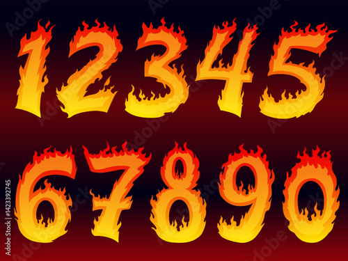 Cartoon fire numbers. Burning number flame sticker, numeral flaming font hot sale discount start rocket speed race logo hell six 1 2 3 4 5 6 7 8 9 0 set tidy vector illustration