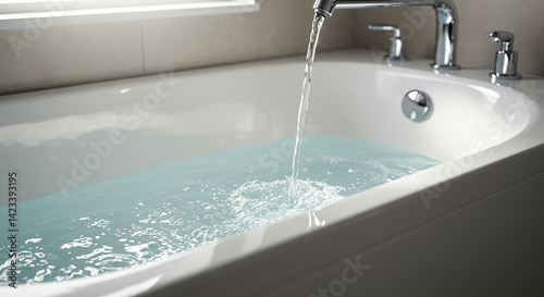 Water pouring from a silver faucet filling a white bathtub in a bright bathroom with window light