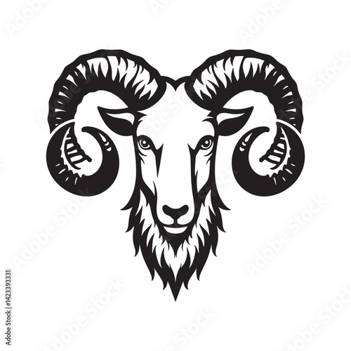 Black and white stylized illustration of a ram's head Logo or silhouette