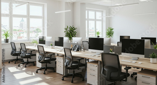 A bright and spacious office interior with multiple workstations and natural light from large windows photo