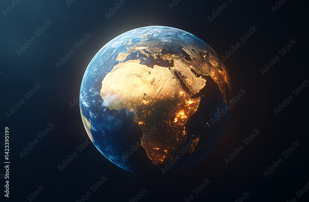 Realistic shot of Earth seen from space with city lights glowing in the background, representing global connectivity and sustainability. Realistic shot of Earth seen from space with city lights glowing in the background, representing global connectivity and sustainability.