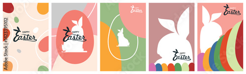Happy Easter. Patterns. Modern geometric abstract style. A set of vector Easter illustrations. Easter eggs, rabbit. Perfect for a poster, cover, or postcard.