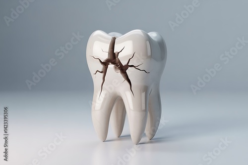 A broken tooth with a large crack extending from the top to the bottom.  The tooth is white and the crack is dark brown. 