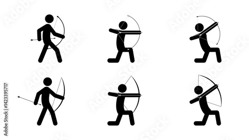 Set of archery stick figures isolated on white background. Flat style, vector illustration.