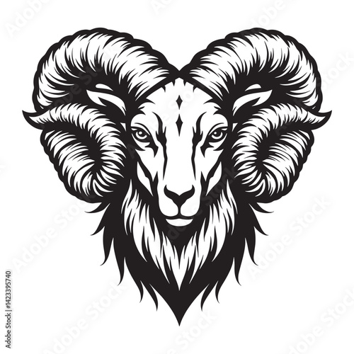 Black and white stylized illustration of a ram's head Logo or silhouette