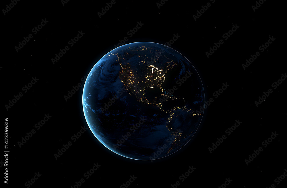 Obraz premium Realistic Earth from space at night, with lights glowing in cities, showcasing global connectivity and the planet's atmosphere.