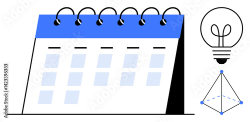 Spiral-bound desk calendar with light blue accents, lightbulb for ideas, geometric shape for creativity. Ideal for scheduling, planning, organization, time management, innovation, brainstorming