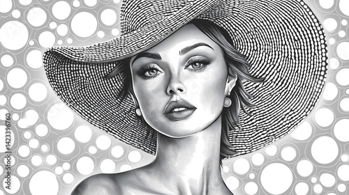Schwarzweiß Bild einer Frau mit Hut im Raster Drucktechnik Verfahren