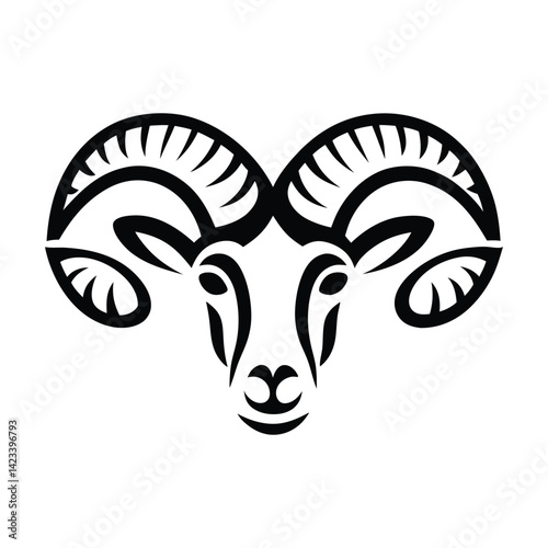 Black and white stylized illustration of a ram's head Logo or silhouette