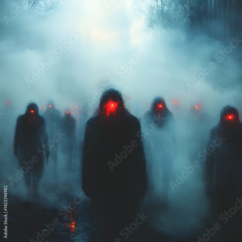 Shadow Figures Glowing Eyes Surreal Fog Mystic Realm Image