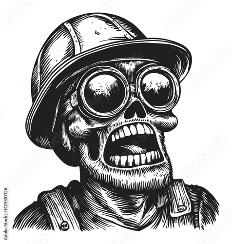 Vintage Style Skeleton Illustration with Helmet and Goggles