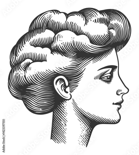 Vintage Hand-Drawn Profile Portrait of Woman with Elaborate Hair