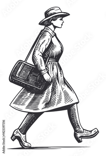 Vintage Linocut Illustration of Stylish Woman Walking with Bag