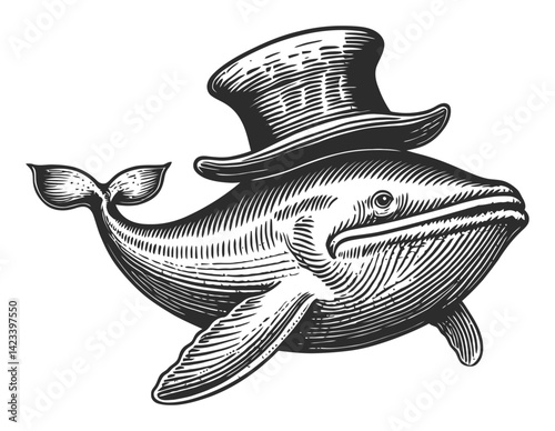 Stylish Whale with Top Hat in Vintage Engraving Style Illustration