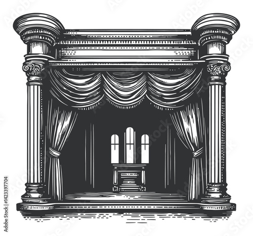 Classical Stage with Draped Curtains and Ornate Columns Design