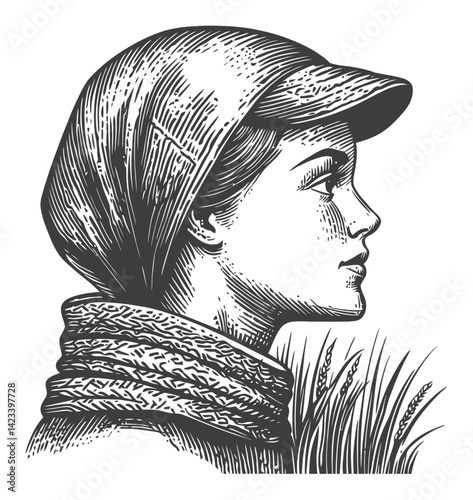 Profile of Young Woman with Scarf and Hat in Linocut Style