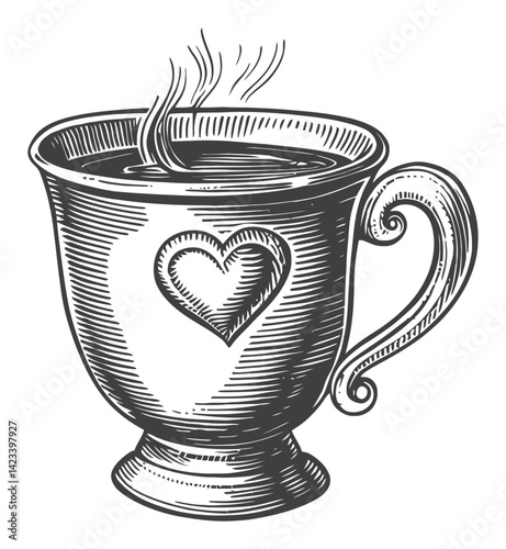 Vintage Engraving of Heart Designed Coffee Cup with Steam