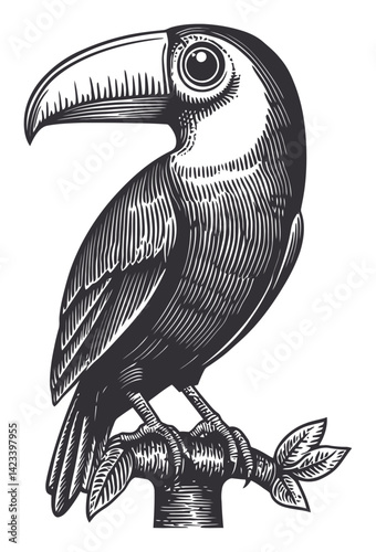 Detailed Black and White Linocut Illustration of a Toucan Bird