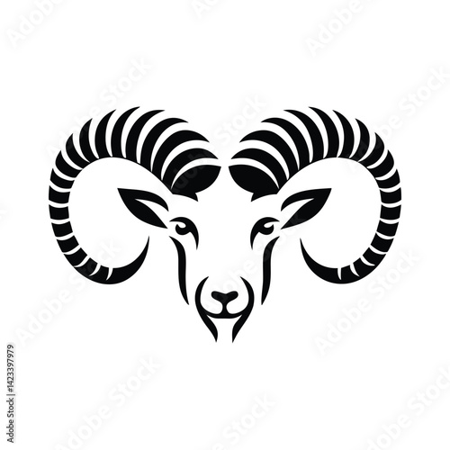 Black and white stylized illustration of a ram's head Logo or silhouette