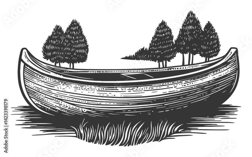 Detailed Linocut Illustration of a Boat Surrounded by Trees