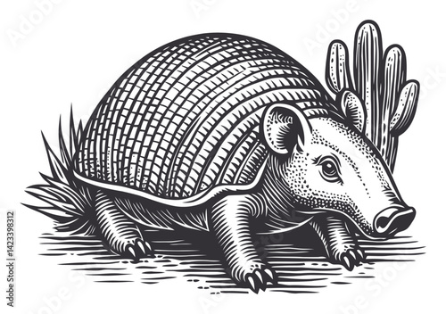 Detailed Linocut Style Illustration of Armadillo in Natural Habitat