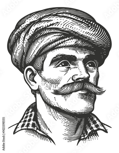 Vintage Portrait of a Man with Turban and Mustache in Linocut Style