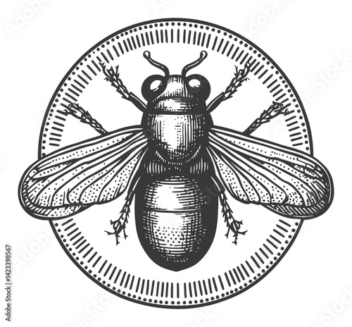 Detailed Vintage Bee Illustration in Linocut Style Design