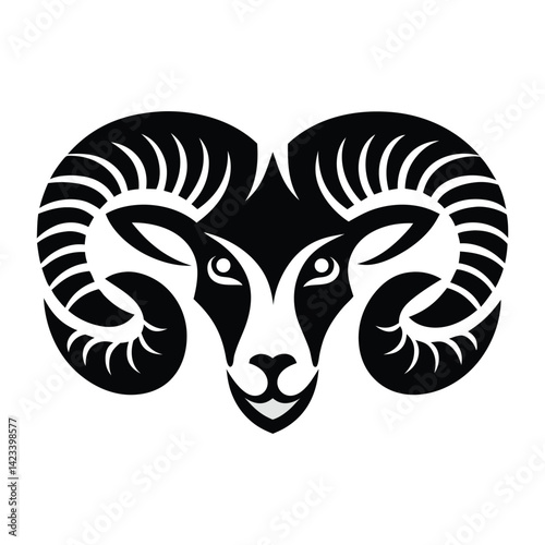 Black and white stylized illustration of a ram's head Logo or silhouette