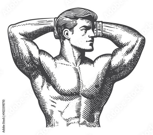 Vintage Linocut Illustration of a Muscular Man in Classic Pose