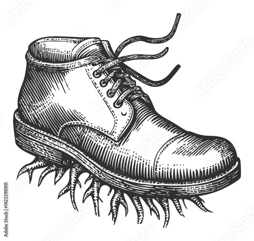Vintage Engraving of a Classic Boot with Unique Spiked Sole Design