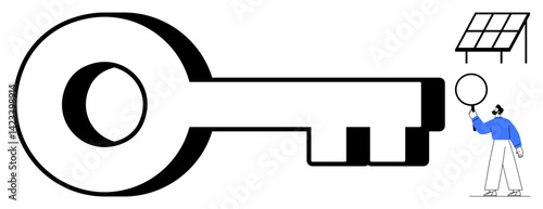 Large key as a central element, solar panel and a person holding a magnifying glass symbolizing innovation, access. Ideal for sustainability, energy, business, exploration, technology, opportunity