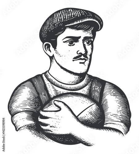 Vintage Man Holding Ball in Detailed Linocut Style Illustration