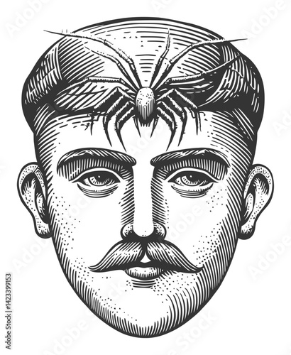 Intricate Illustration of a Man's Face with a Spider on Top
