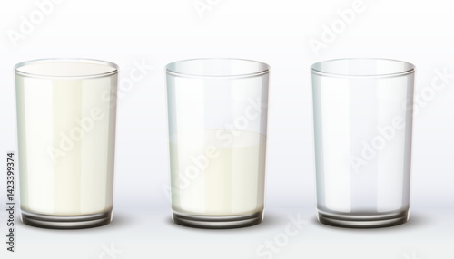 Realistic glass beaker with different levels milk. Liquid dairy product. 3D glassware. Full or empty cup. Cold drink. Kefir and yogurt. Breakfast beverage. White fluid. Vector objects set