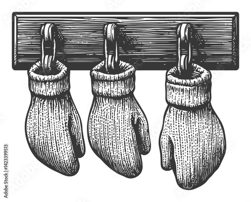 Vintage Style Kitchen Mittens Hanging on a Wooden Rack Illustration