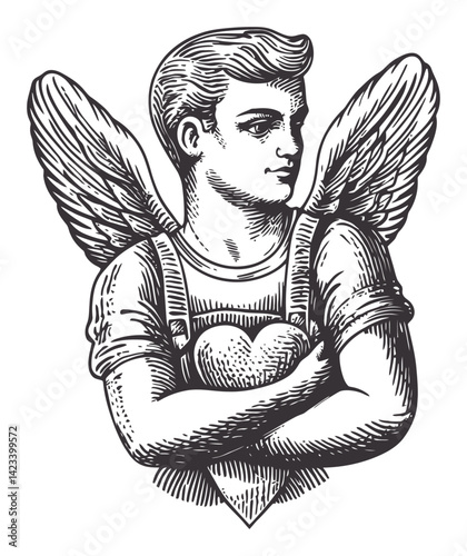 Detailed Illustration of Angelic Figure Holding Heart in Vintage Style